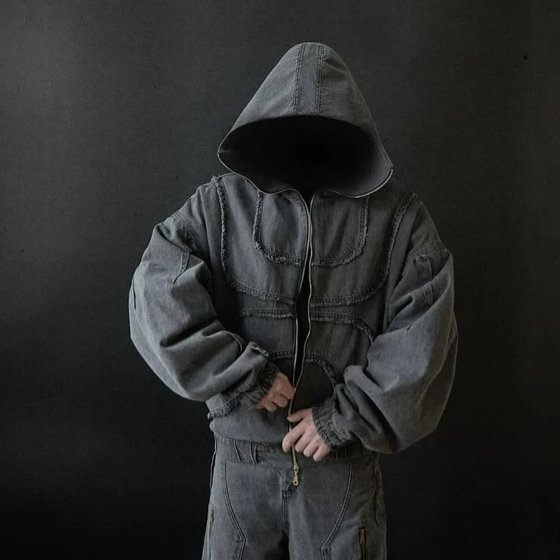 Washed Denim Jacket Double Zip Oversized Unisex Pullover